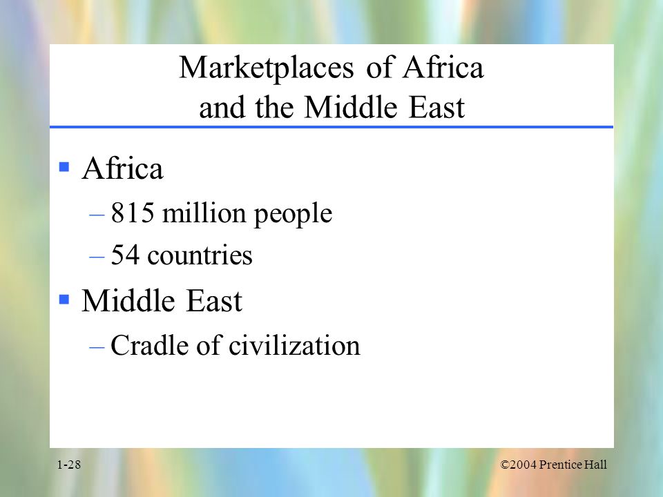 ©2004 Prentice Hall1-28 Marketplaces of Africa and the Middle East  Africa –815 million people –54 countries  Middle East –Cradle of civilization
