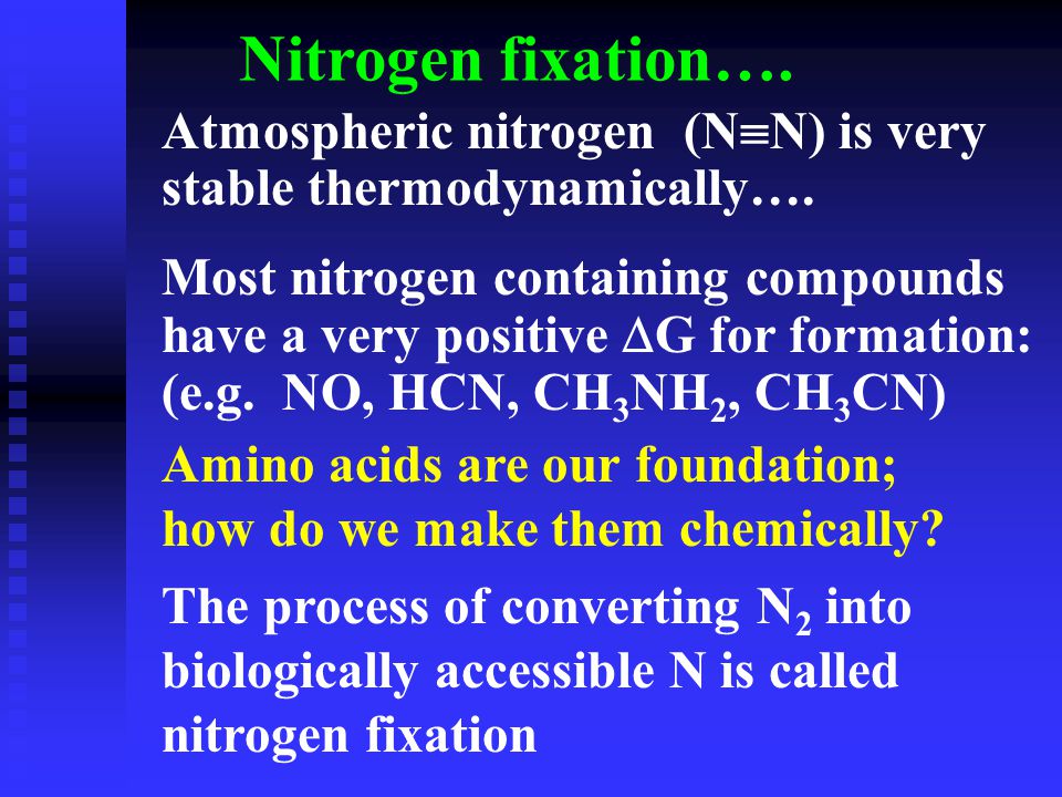 Nitrogen fixation…. Atmospheric nitrogen (N  N) is very stable thermodynamically….
