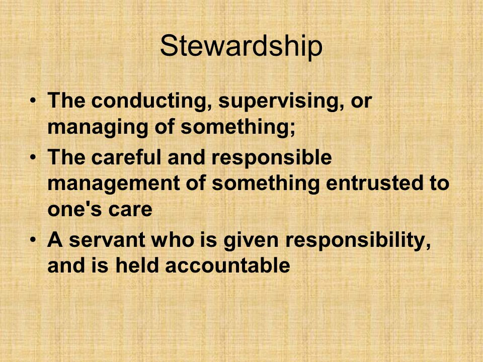 Stewardship The conducting, supervising, or managing of something; The careful and responsible management of something entrusted to one s care A servant who is given responsibility, and is held accountable
