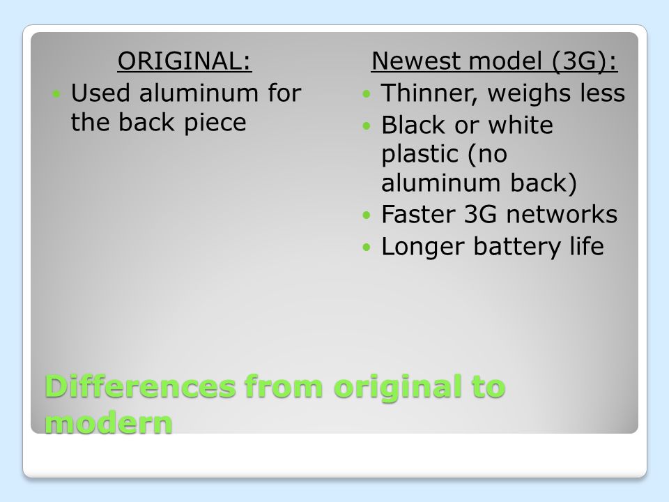 Differences from original to modern ORIGINAL: Used aluminum for the back piece Newest model (3G): Thinner, weighs less Black or white plastic (no aluminum back) Faster 3G networks Longer battery life