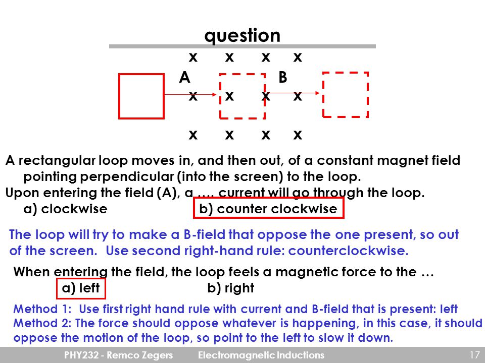 PHY232 - Remco Zegers Electromagnetic Inductions 17 question x x A rectangular loop moves in, and then out, of a constant magnet field pointing perpendicular (into the screen) to the loop.