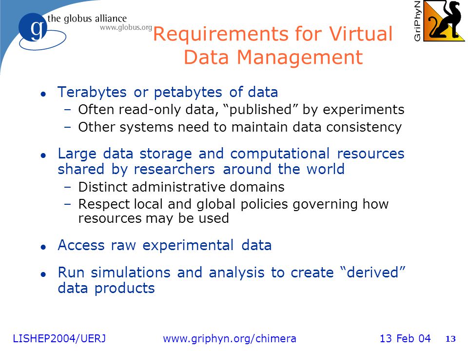 LISHEP2004/UERJ   13 Feb Requirements for Virtual Data Management l Terabytes or petabytes of data –Often read-only data, published by experiments –Other systems need to maintain data consistency l Large data storage and computational resources shared by researchers around the world –Distinct administrative domains –Respect local and global policies governing how resources may be used l Access raw experimental data l Run simulations and analysis to create derived data products