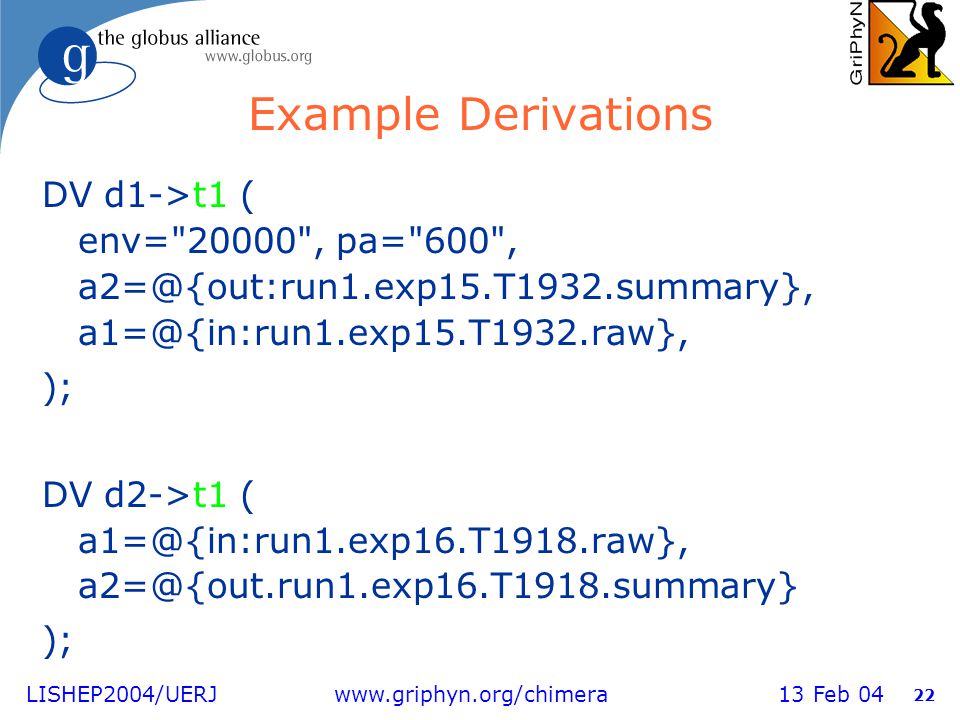 LISHEP2004/UERJ   13 Feb Example Derivations DV d1->t1 ( env= , pa= 600 ,  ); DV d2->t1 (  );