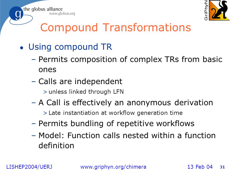 LISHEP2004/UERJ   13 Feb Compound Transformations l Using compound TR –Permits composition of complex TRs from basic ones –Calls are independent >unless linked through LFN –A Call is effectively an anonymous derivation >Late instantiation at workflow generation time –Permits bundling of repetitive workflows –Model: Function calls nested within a function definition
