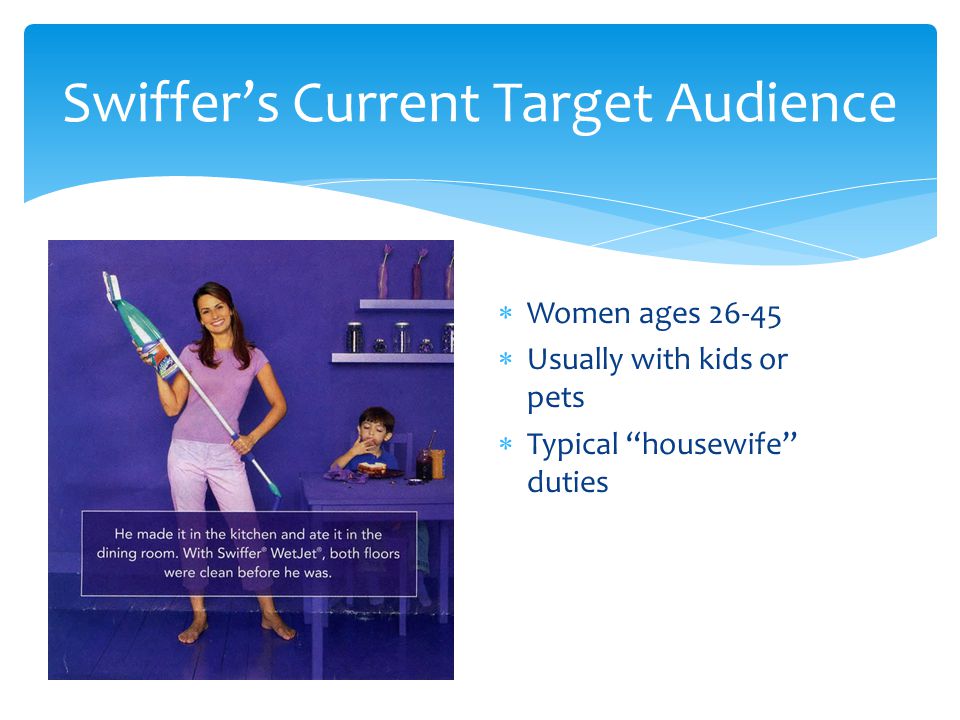  Women ages  Usually with kids or pets  Typical housewife duties Swiffer’s Current Target Audience