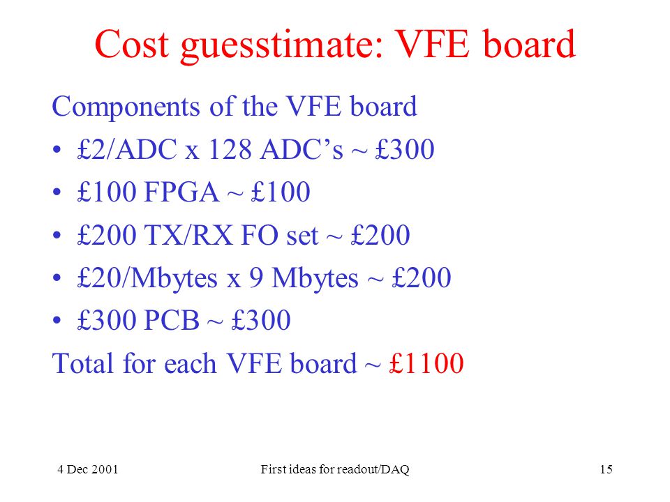 4 Dec 2001First ideas for readout/DAQ15 Cost guesstimate: VFE board Components of the VFE board £2/ADC x 128 ADC’s ~ £300 £100 FPGA ~ £100 £200 TX/RX FO set ~ £200 £20/Mbytes x 9 Mbytes ~ £200 £300 PCB ~ £300 Total for each VFE board ~ £1100
