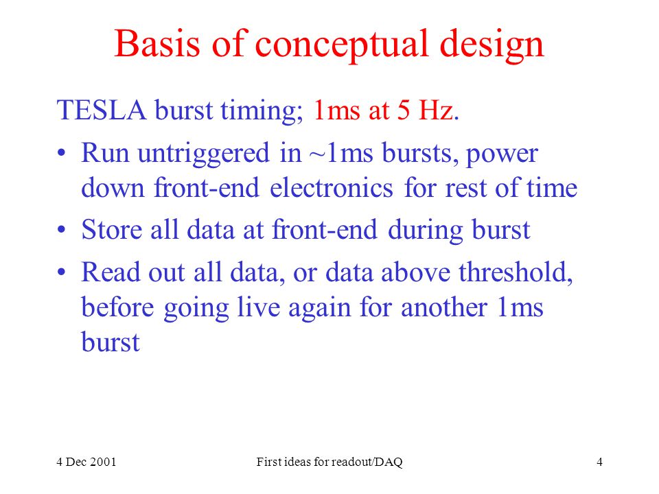 4 Dec 2001First ideas for readout/DAQ4 Basis of conceptual design TESLA burst timing; 1ms at 5 Hz.