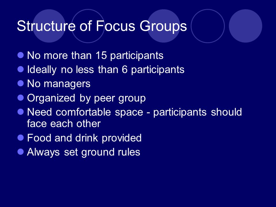 Structure of Focus Groups No more than 15 participants Ideally no less than 6 participants No managers Organized by peer group Need comfortable space - participants should face each other Food and drink provided Always set ground rules
