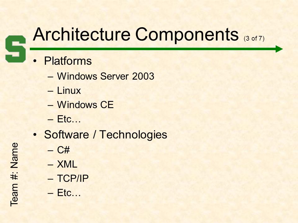 Architecture Components (3 of 7) Platforms –Windows Server 2003 –Linux –Windows CE –Etc… Software / Technologies –C# –XML –TCP/IP –Etc… Team #: Name