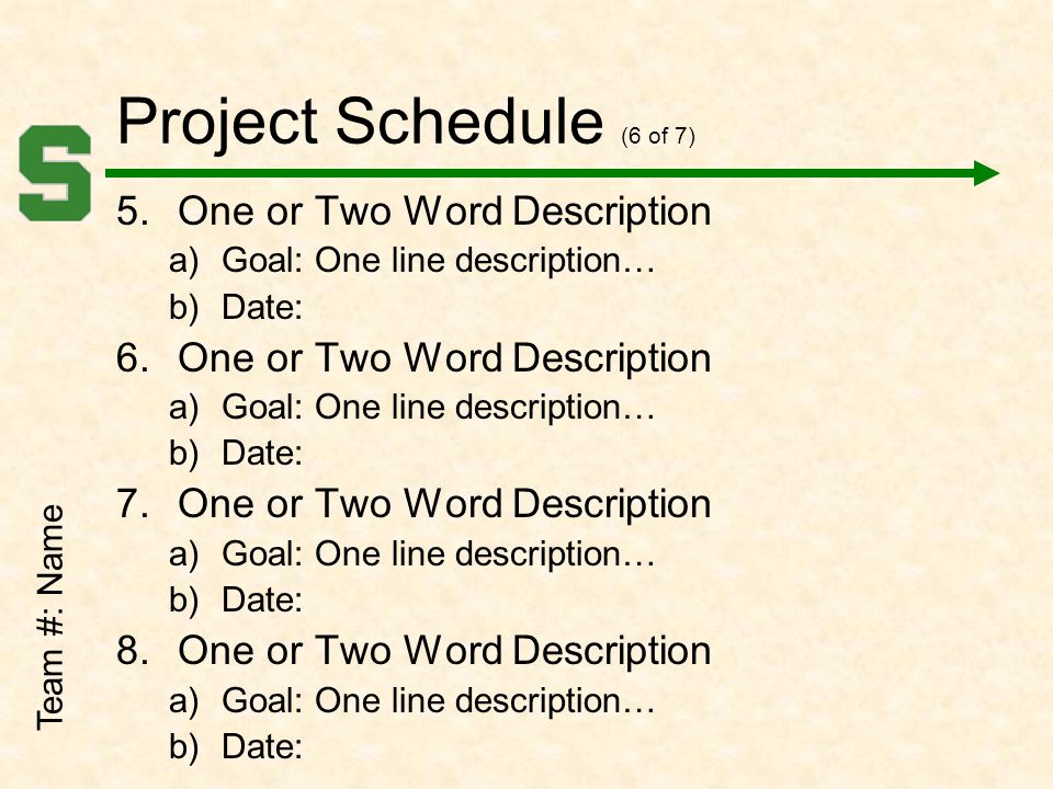 Project Schedule (6 of 7) 5.One or Two Word Description a)Goal: One line description… b)Date: 6.One or Two Word Description a)Goal: One line description… b)Date: 7.One or Two Word Description a)Goal: One line description… b)Date: 8.One or Two Word Description a)Goal: One line description… b)Date: Team #: Name