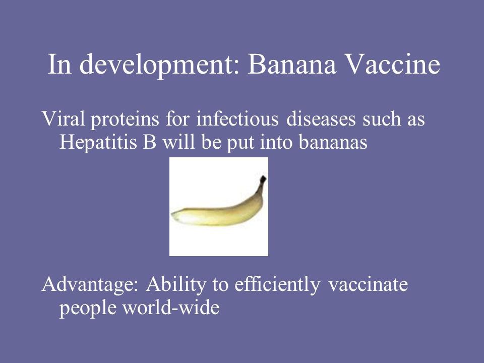In development: Banana Vaccine Viral proteins for infectious diseases such as Hepatitis B will be put into bananas Advantage: Ability to efficiently vaccinate people world-wide
