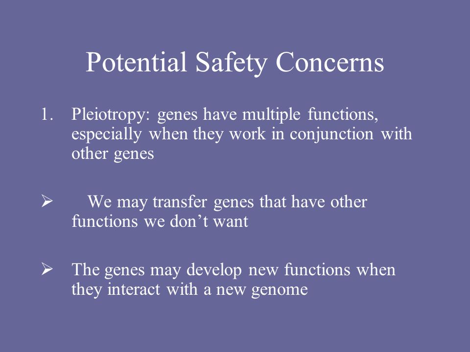 Potential Safety Concerns 1.Pleiotropy: genes have multiple functions, especially when they work in conjunction with other genes  We may transfer genes that have other functions we don’t want  The genes may develop new functions when they interact with a new genome
