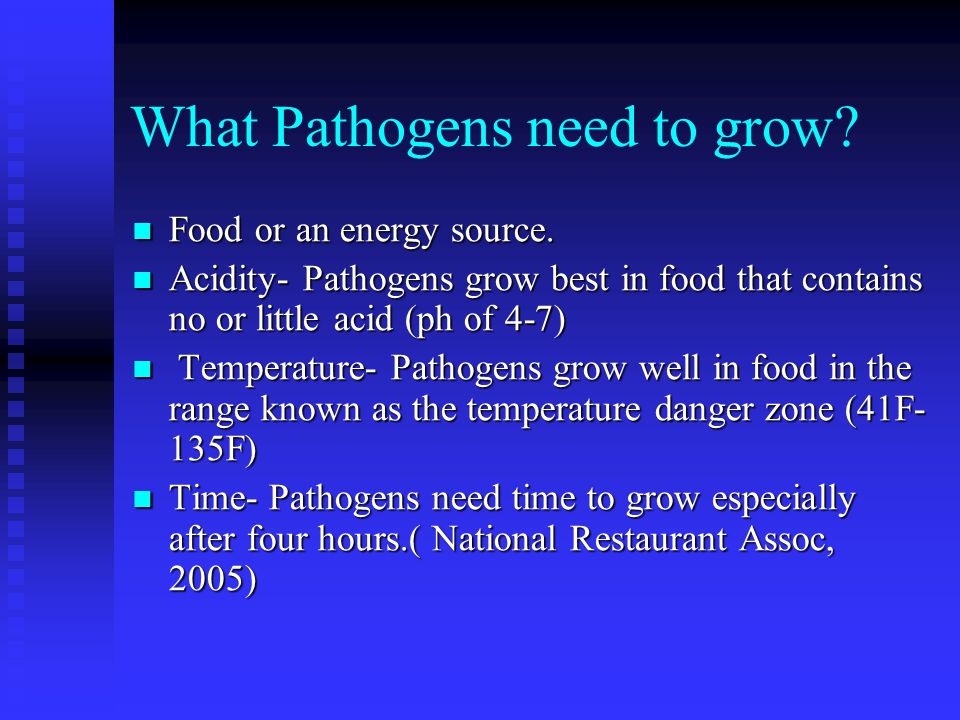 What Pathogens need to grow. Food or an energy source.