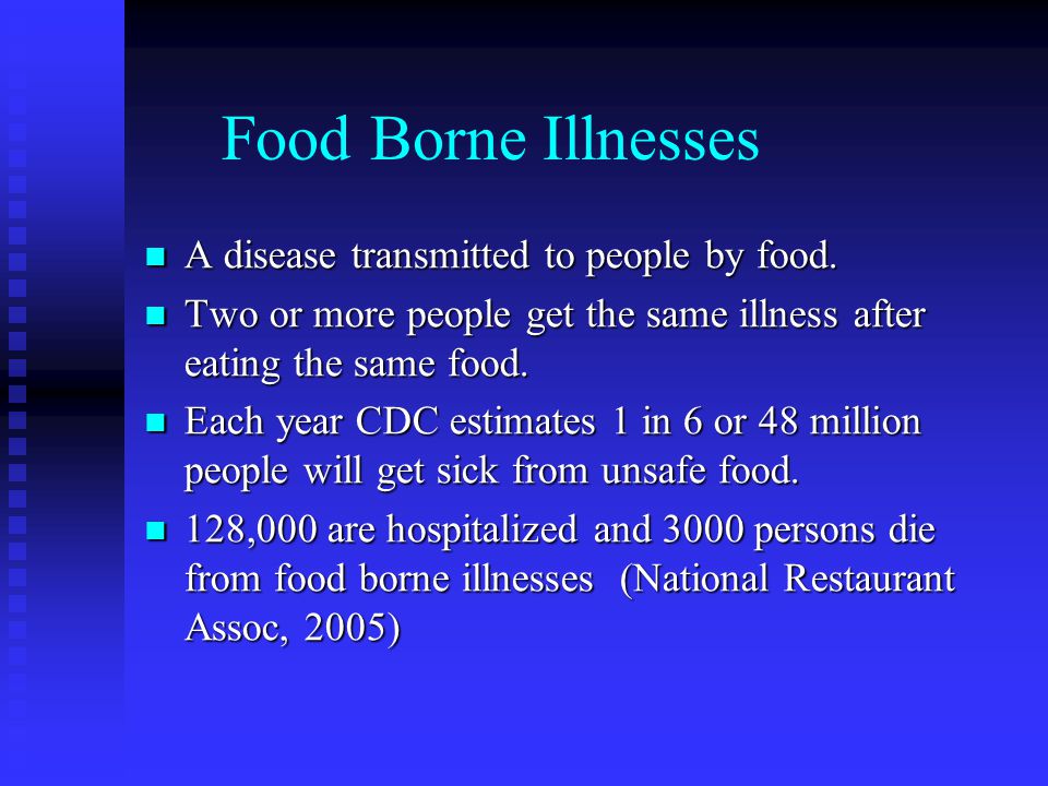 Food Borne Illnesses A disease transmitted to people by food.