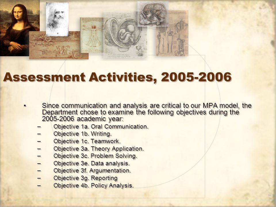 Assessment Activities, Since communication and analysis are critical to our MPA model, the Department chose to examine the following objectives during the academic year: –Objective 1a.