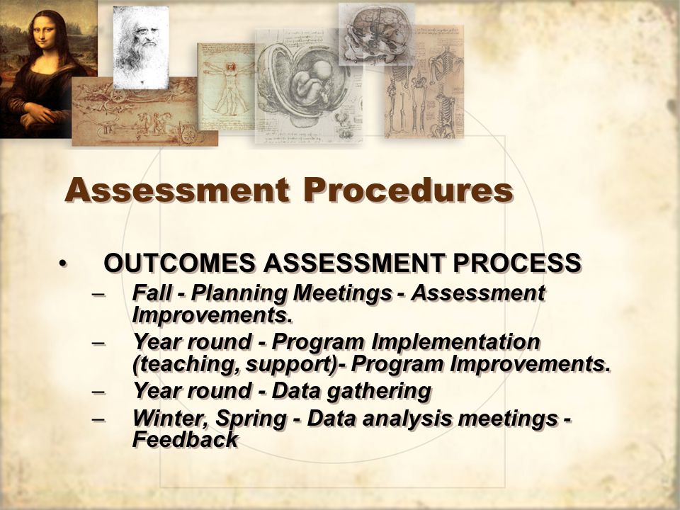 Assessment Procedures OUTCOMES ASSESSMENT PROCESS –Fall - Planning Meetings - Assessment Improvements.