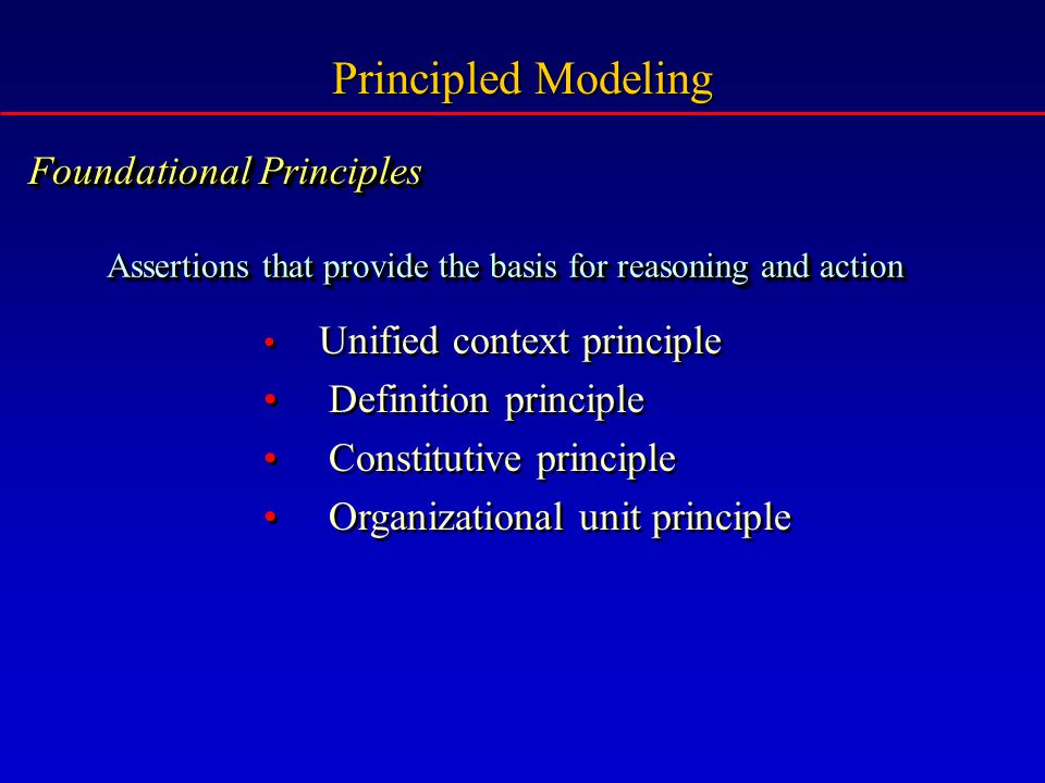 Foundational Principles Assertions that provide the basis for reasoning and action Unified context principle Definition principle Constitutive principle Organizational unit principle Unified context principle Definition principle Constitutive principle Organizational unit principle Principled Modeling