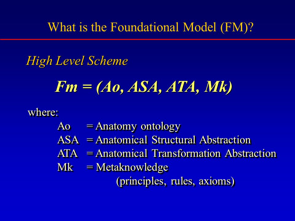 where: Ao= Anatomy ontology ASA= Anatomical Structural Abstraction ATA= Anatomical Transformation Abstraction Mk= Metaknowledge (principles, rules, axioms) where: Ao= Anatomy ontology ASA= Anatomical Structural Abstraction ATA= Anatomical Transformation Abstraction Mk= Metaknowledge (principles, rules, axioms) What is the Foundational Model (FM).