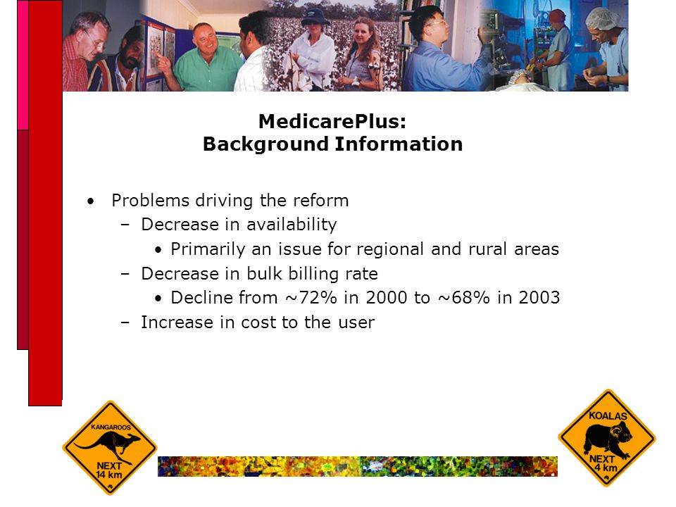MedicarePlus: Background Information Problems driving the reform –Decrease in availability Primarily an issue for regional and rural areas –Decrease in bulk billing rate Decline from ~72% in 2000 to ~68% in 2003 –Increase in cost to the user
