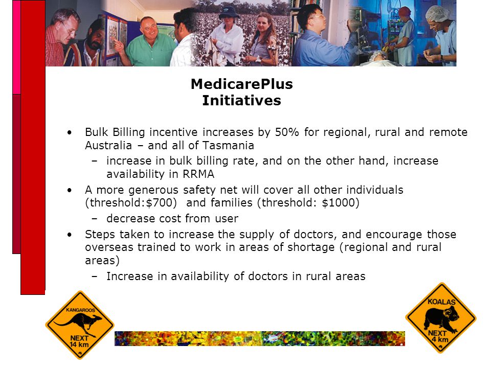 MedicarePlus Initiatives Bulk Billing incentive increases by 50% for regional, rural and remote Australia – and all of Tasmania –increase in bulk billing rate, and on the other hand, increase availability in RRMA A more generous safety net will cover all other individuals (threshold:$700) and families (threshold: $1000) –decrease cost from user Steps taken to increase the supply of doctors, and encourage those overseas trained to work in areas of shortage (regional and rural areas) –Increase in availability of doctors in rural areas