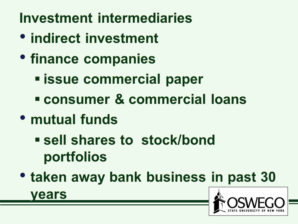 Investment intermediaries indirect investment finance companies  issue commercial paper  consumer & commercial loans mutual funds  sell shares to stock/bond portfolios taken away bank business in past 30 years Investment intermediaries indirect investment finance companies  issue commercial paper  consumer & commercial loans mutual funds  sell shares to stock/bond portfolios taken away bank business in past 30 years