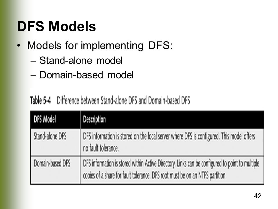 42 DFS Models Models for implementing DFS: –Stand-alone model –Domain-based model