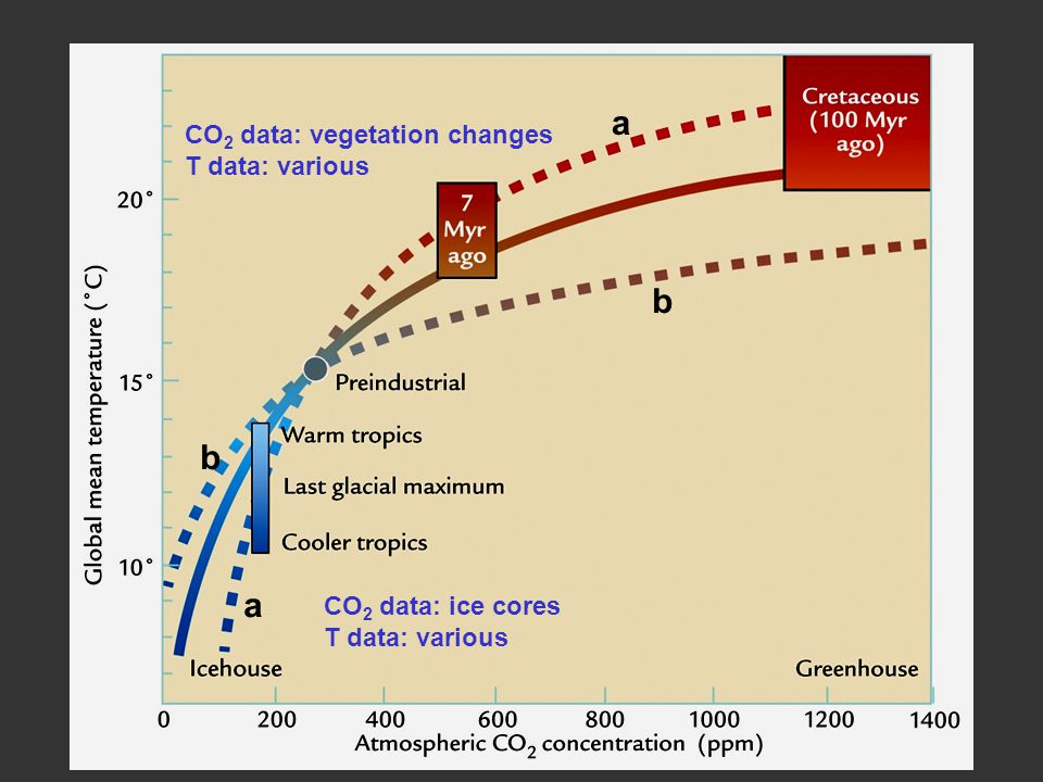 CO 2 data: ice cores T data: various CO 2 data: vegetation changes T data: various b a a b