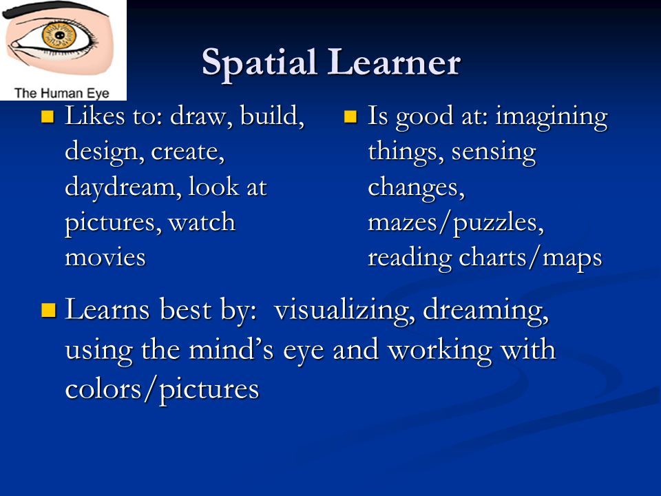Spatial Learner Likes to: draw, build, design, create, daydream, look at pictures, watch movies Likes to: draw, build, design, create, daydream, look at pictures, watch movies Is good at: imagining things, sensing changes, mazes/puzzles, reading charts/maps Learns best by: visualizing, dreaming, using the mind’s eye and working with colors/pictures