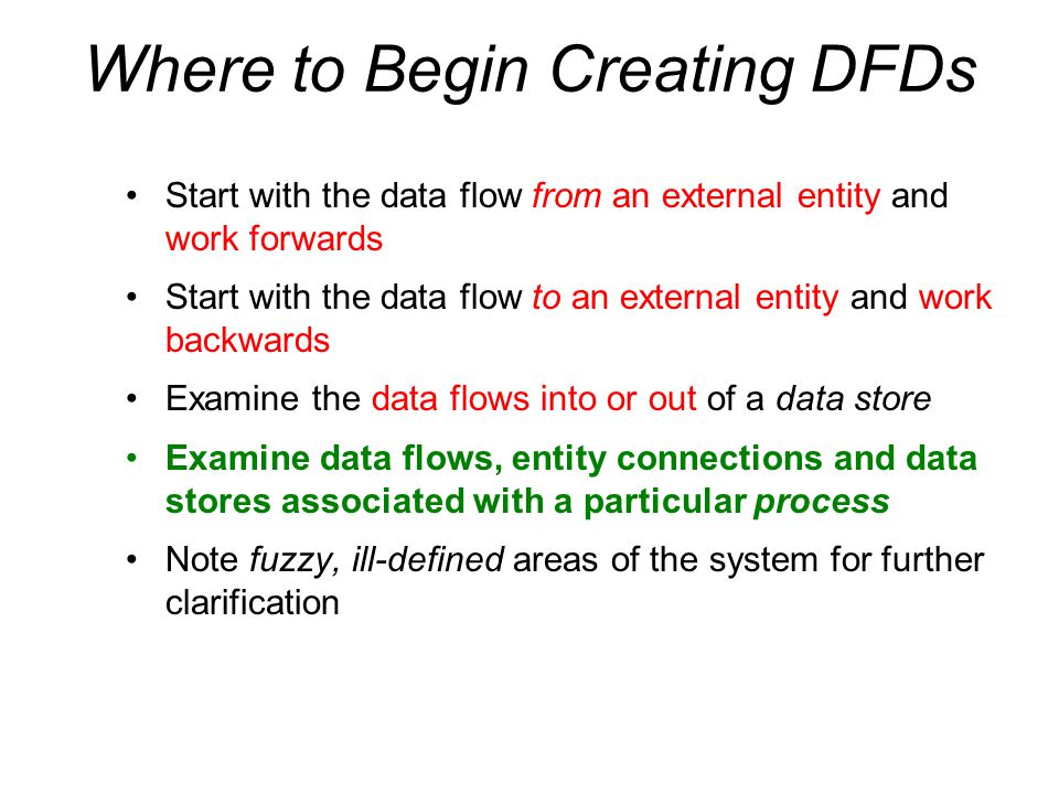 Where to Begin Creating DFDs Start with the data flow from an external entity and work forwards Start with the data flow to an external entity and work backwards Examine the data flows into or out of a data store Examine data flows, entity connections and data stores associated with a particular process Note fuzzy, ill-defined areas of the system for further clarification