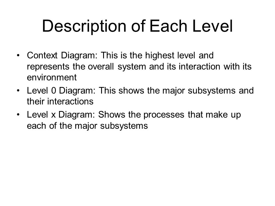Description of Each Level Context Diagram: This is the highest level and represents the overall system and its interaction with its environment Level 0 Diagram: This shows the major subsystems and their interactions Level x Diagram: Shows the processes that make up each of the major subsystems