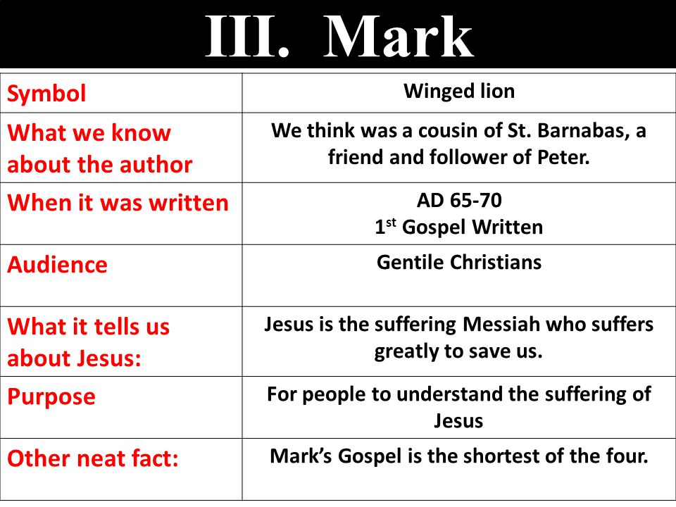 III. Mark Symbol Winged lion What we know about the author We think was a cousin of St.