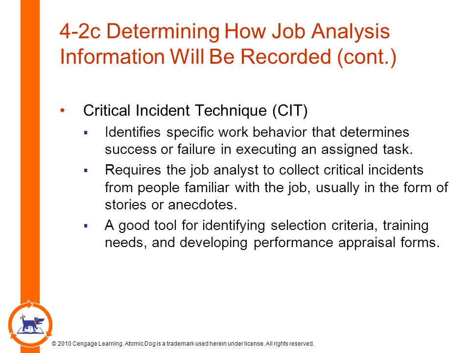 4-2c Determining How Job Analysis Information Will Be Recorded (cont.) Critical Incident Technique (CIT)  Identifies specific work behavior that determines success or failure in executing an assigned task.