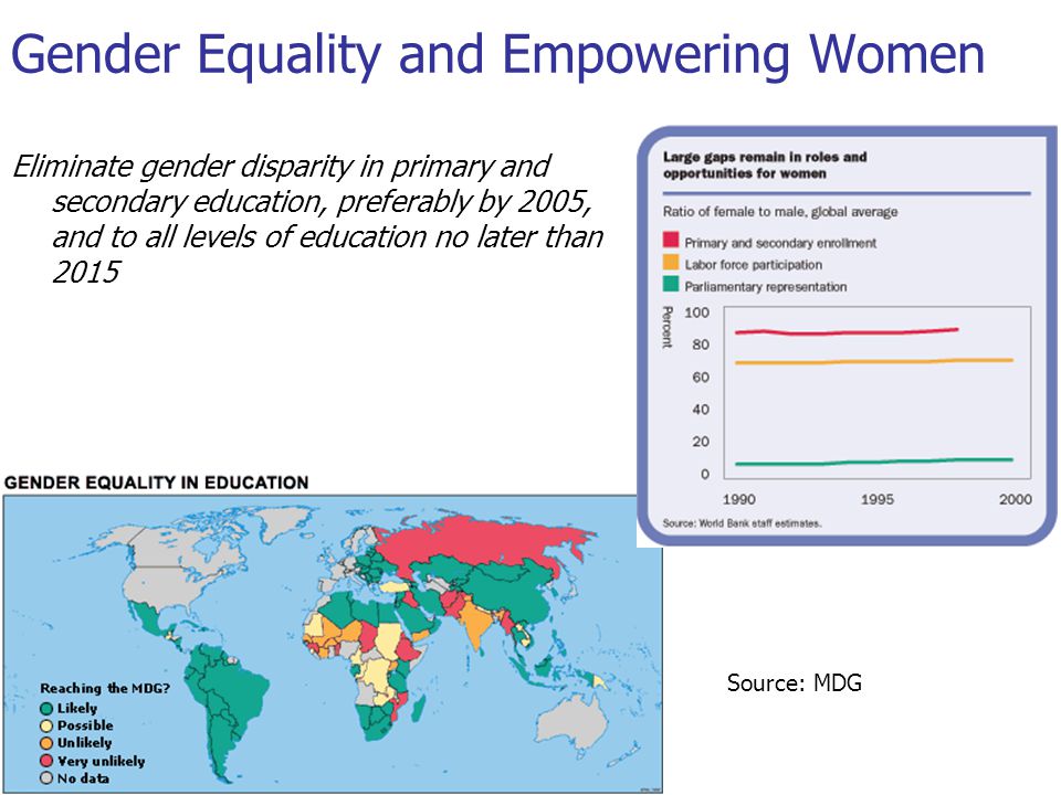 Gender Equality and Empowering Women Eliminate gender disparity in primary and secondary education, preferably by 2005, and to all levels of education no later than 2015 Source: MDG
