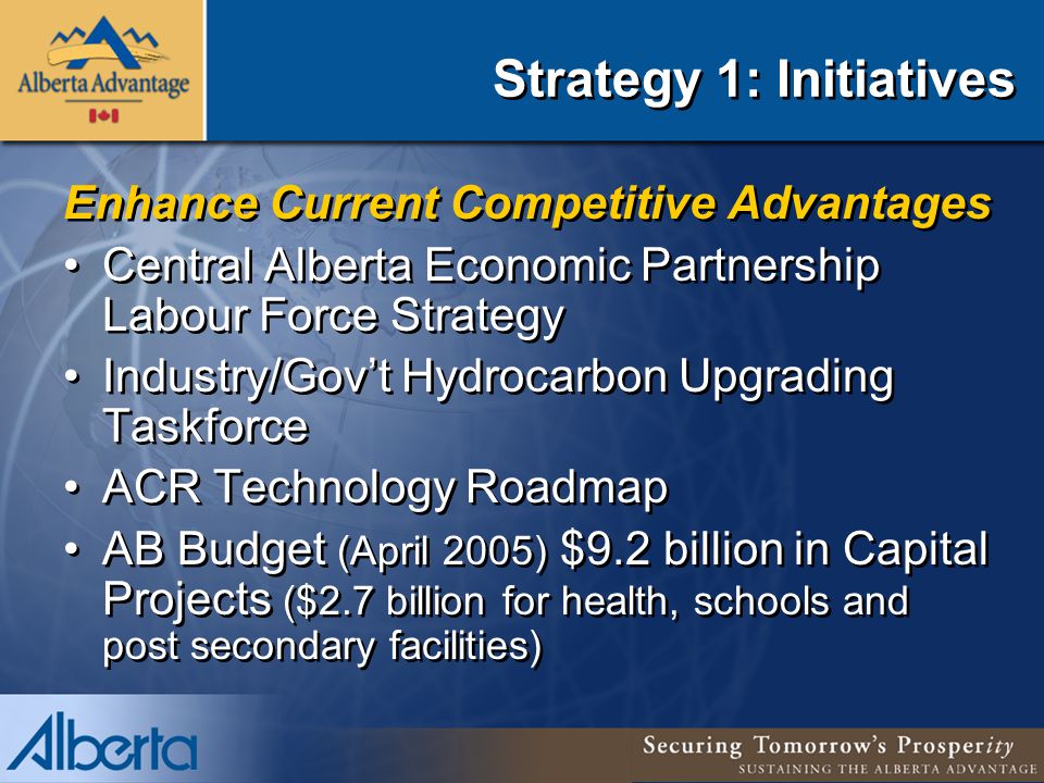 Strategy 1: Initiatives Enhance Current Competitive Advantages Central Alberta Economic Partnership Labour Force Strategy Industry/Gov’t Hydrocarbon Upgrading Taskforce ACR Technology Roadmap AB Budget (April 2005) $9.2 billion in Capital Projects ($2.7 billion for health, schools and post secondary facilities) Enhance Current Competitive Advantages Central Alberta Economic Partnership Labour Force Strategy Industry/Gov’t Hydrocarbon Upgrading Taskforce ACR Technology Roadmap AB Budget (April 2005) $9.2 billion in Capital Projects ($2.7 billion for health, schools and post secondary facilities)