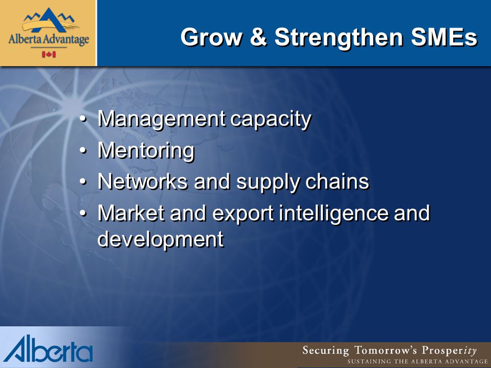 Grow & Strengthen SMEs Management capacity Mentoring Networks and supply chains Market and export intelligence and development Management capacity Mentoring Networks and supply chains Market and export intelligence and development