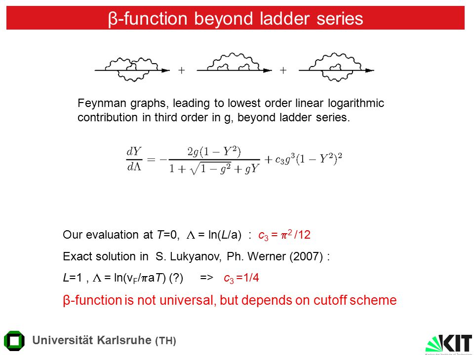 β-function beyond ladder series Universität Karlsruhe (TH) Feynman graphs, leading to lowest order linear logarithmic contribution in third order in g, beyond ladder series.