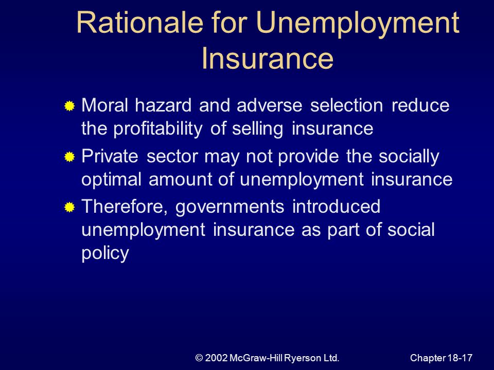 © 2002 McGraw-Hill Ryerson Ltd.Chapter Rationale for Unemployment Insurance  Moral hazard and adverse selection reduce the profitability of selling insurance  Private sector may not provide the socially optimal amount of unemployment insurance  Therefore, governments introduced unemployment insurance as part of social policy