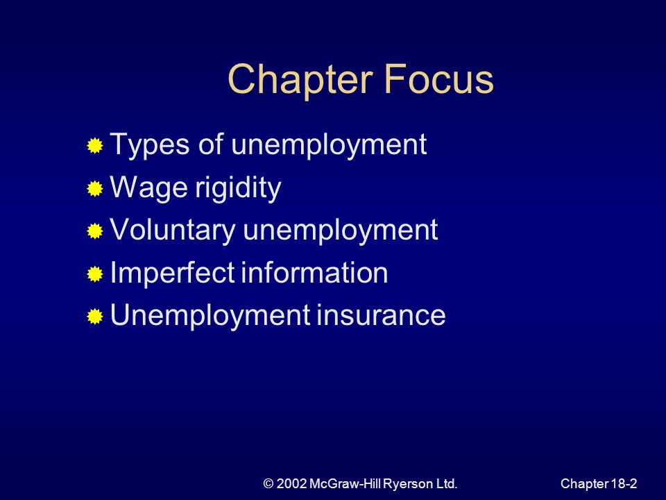 © 2002 McGraw-Hill Ryerson Ltd.Chapter 18-2 Chapter Focus  Types of unemployment  Wage rigidity  Voluntary unemployment  Imperfect information  Unemployment insurance