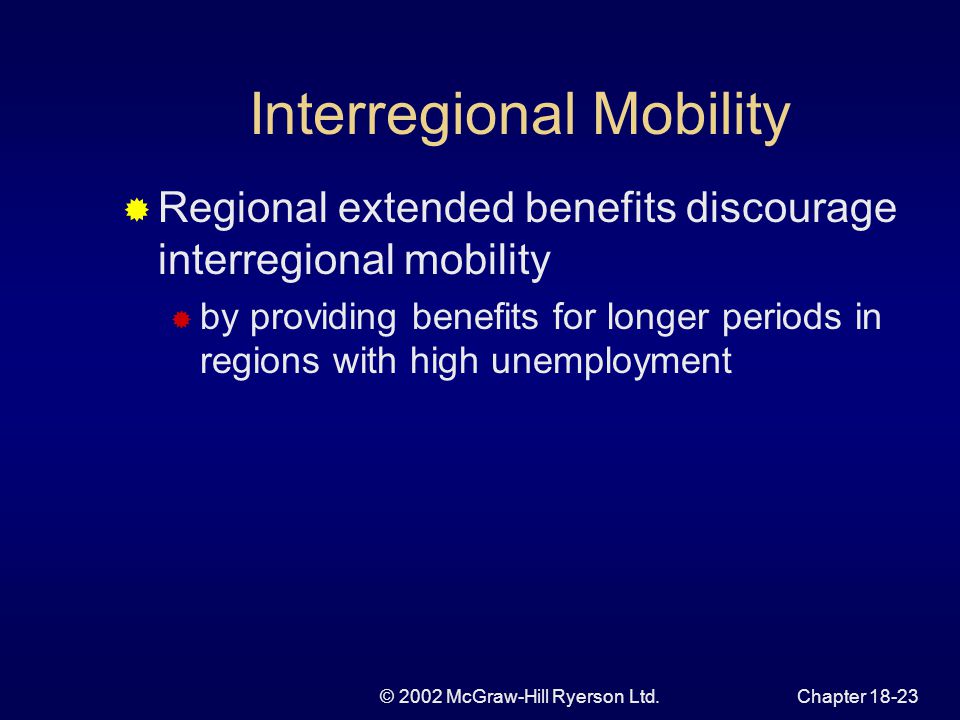 © 2002 McGraw-Hill Ryerson Ltd.Chapter Interregional Mobility  Regional extended benefits discourage interregional mobility  by providing benefits for longer periods in regions with high unemployment