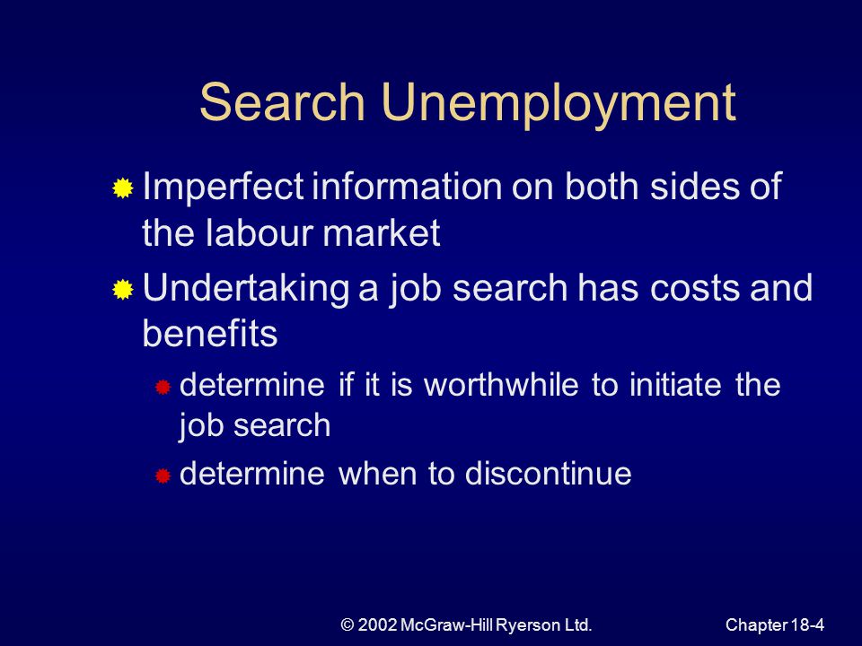 © 2002 McGraw-Hill Ryerson Ltd.Chapter 18-4 Search Unemployment  Imperfect information on both sides of the labour market  Undertaking a job search has costs and benefits  determine if it is worthwhile to initiate the job search  determine when to discontinue