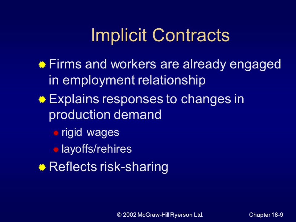 © 2002 McGraw-Hill Ryerson Ltd.Chapter 18-9 Implicit Contracts  Firms and workers are already engaged in employment relationship  Explains responses to changes in production demand  rigid wages  layoffs/rehires  Reflects risk-sharing