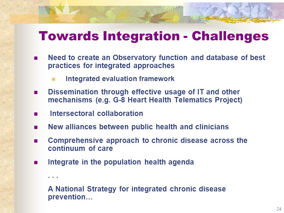 24 Towards Integration - Challenges Need to create an Observatory function and database of best practices for integrated approaches Integrated evaluation framework Dissemination through effective usage of IT and other mechanisms (e.g.