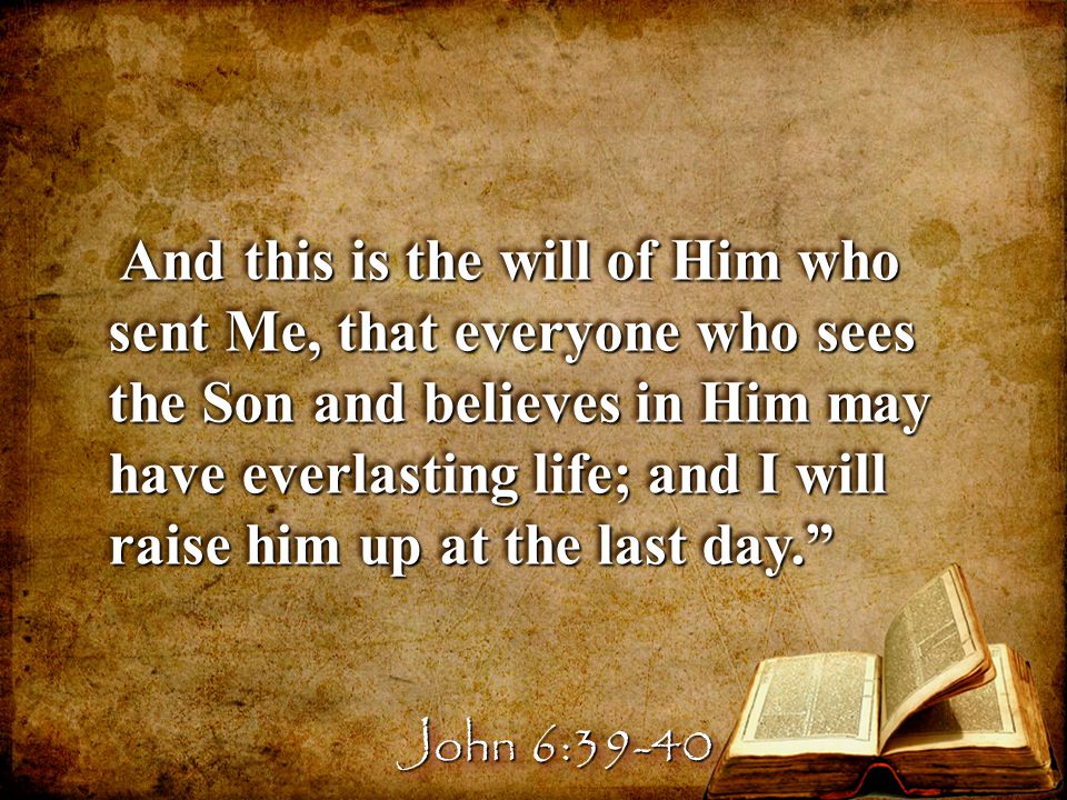 And this is the will of Him who sent Me, that everyone who sees the Son and believes in Him may have everlasting life; and I will raise him up at the last day. And this is the will of Him who sent Me, that everyone who sees the Son and believes in Him may have everlasting life; and I will raise him up at the last day. John 6:39-40