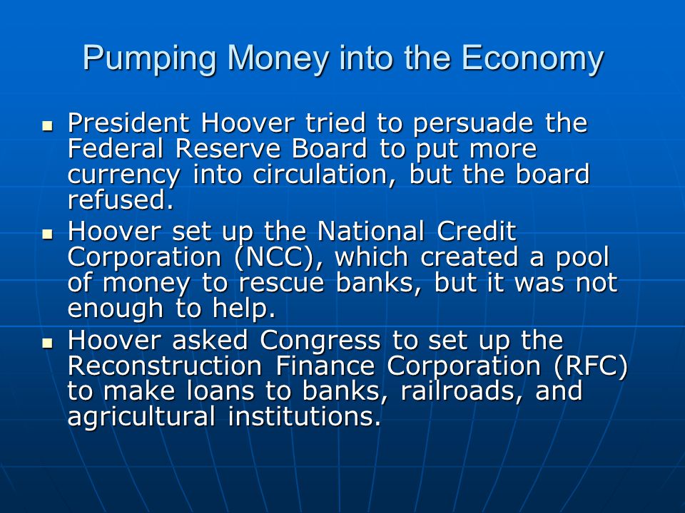 Promoting Recovery President Hoover held a series of conferences bringing together the heads of banks, railroads, big business, labor, and government.
