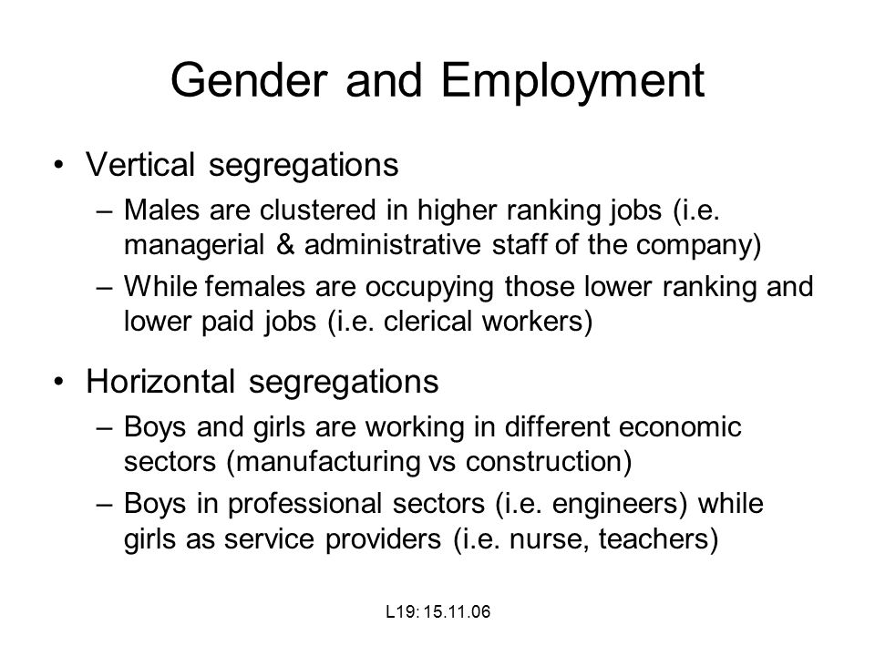 L19: Gender and Employment Vertical segregations –Males are clustered in higher ranking jobs (i.e.
