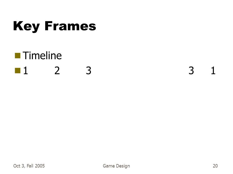 Oct 3, Fall 2005Game Design20 Key Frames  Timeline 