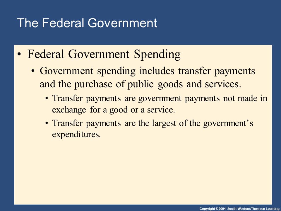 Copyright © 2004 South-Western/Thomson Learning The Federal Government Federal Government Spending Government spending includes transfer payments and the purchase of public goods and services.