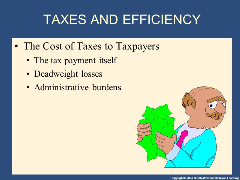 Copyright © 2004 South-Western/Thomson Learning TAXES AND EFFICIENCY The Cost of Taxes to Taxpayers The tax payment itself Deadweight losses Administrative burdens