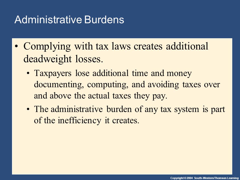 Copyright © 2004 South-Western/Thomson Learning Administrative Burdens Complying with tax laws creates additional deadweight losses.