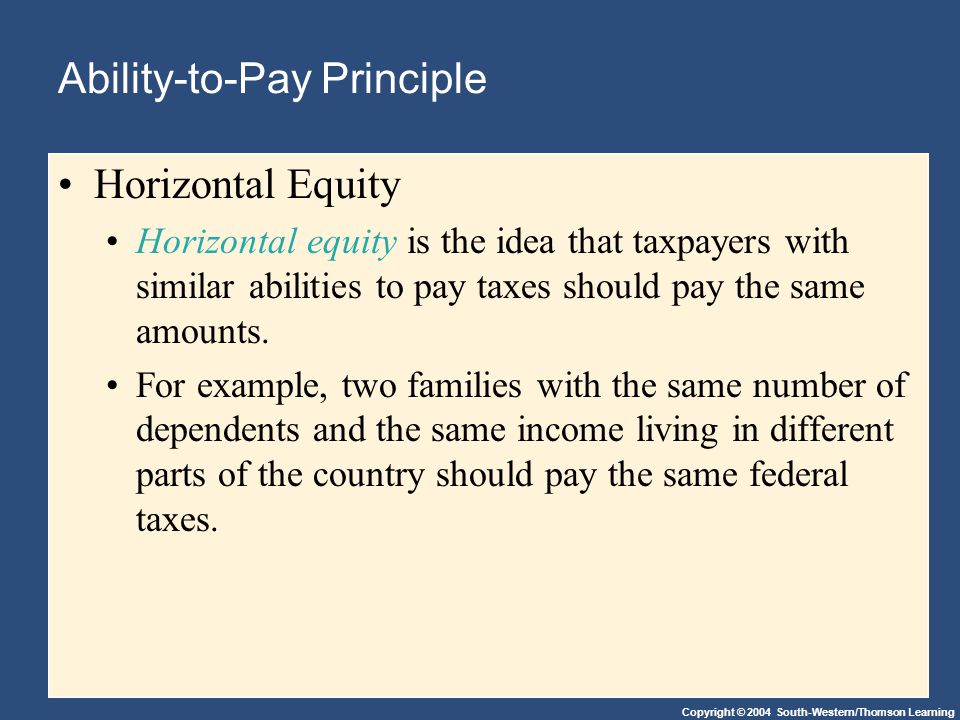 Copyright © 2004 South-Western/Thomson Learning Ability-to-Pay Principle Horizontal Equity Horizontal equity is the idea that taxpayers with similar abilities to pay taxes should pay the same amounts.